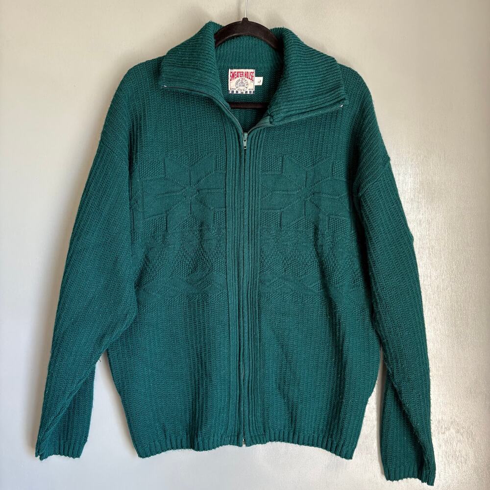 Vintage SWEATER HOUSE Men's L Green Full Zip Knit Cardigan Sweater Acrylic